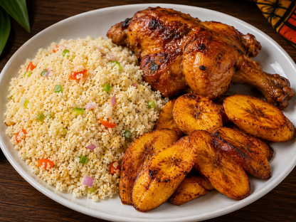 Attiéké-poulet braisé et frites de plantain